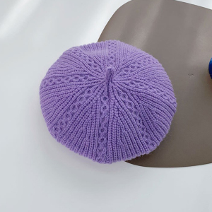 紫色贝雷帽女冬天针织画家帽秋冬季纯色提花2021新款毛线八角帽子