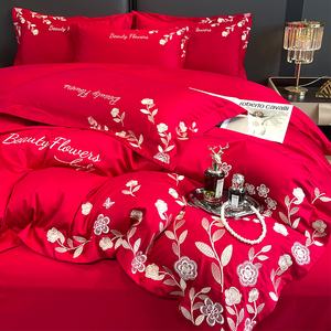 全棉婚庆床上四件套100%纯棉床单刺绣被套现代轻奢大红色结婚床品