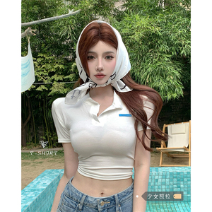 少女凯拉~辣妹v领紧身t恤女装夏季新款纯欲显瘦短袖短款白色上衣