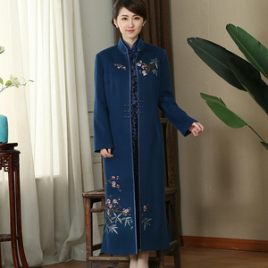 唐装中式风格秋装中国风女装上衣复古刺绣民族风长款羊绒外套风衣