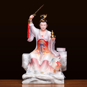 九天玄女神像汉白玉石九天玄母天尊娘娘坐像挥剑骑凤手持七星宝剑