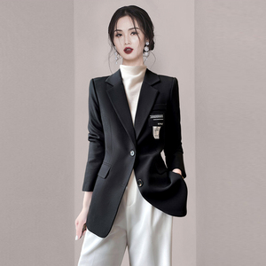 高级感时髦职业西服上衣2021冬季新款女装黑色翻领西装外套中长款