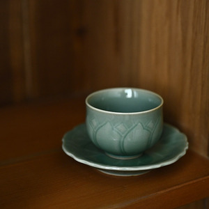 景德镇半刀泥雕刻浮雕莲花荷叶陶瓷品茗杯套组奉茶杯功夫茶具杯子