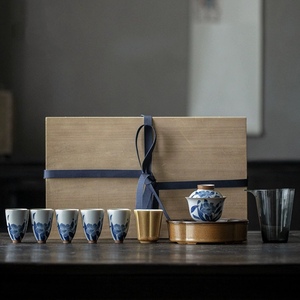 木盒整套手绘百合套组文人茶室整套茶具盖碗茶杯家用茶礼