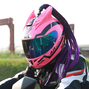 艾狮头盔粉色男电动摩托车个性全盔女四季冬季机车跑盔犄角头灰红