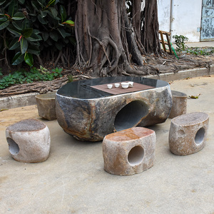 石桌石凳庭院花园别墅户外公园室外天然青石石墩家用整石石头桌椅