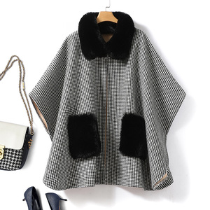 经典格子毛领斗篷外套女风复古宽松毛呢外套外贸花样穿搭出口尾货