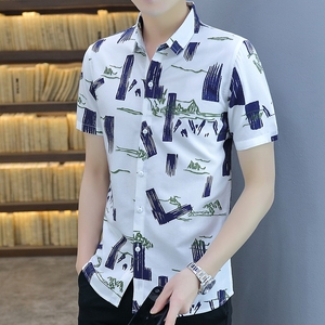 夏季男士短袖衬衫个性印花韩版修身帅气半袖寸衫休闲潮流男装衬衣