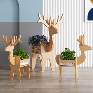 实木花架小鹿装饰摆件家居饰品北欧创意木质民宿橱窗装饰工艺品