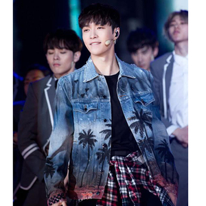 exo新款张艺兴边伯贤同款衣服椰子树渐变破洞牛仔外套宽松夹克潮