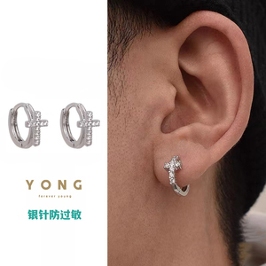 S925银十字架耳环男士潮流小众设计高级感钻石耳钉男学生养耳洞男