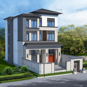 砖混四层新中式仿古四合庭院农村别墅设计图纸自建房屋效果图4007