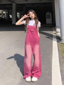 韩国减龄树莓粉阔腿牛仔背带裤女夏季新款设计感小众连体裤子长裤