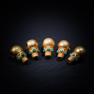 手工s925纯银镀24k金镶嵌松石老金刚佛头三通文玩手串佛珠配件