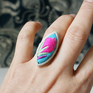 少数民族饰品手工苗银镶老绣片戒指指环苗绣老绣柳叶儿戒指女包邮