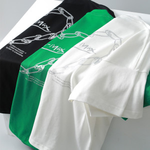 高克重21支双纱长绒棉~回形针字母印花短袖2022夏新款圆领绿色t恤