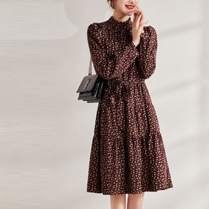 日系女装 雅致小立领衬衫式中长款碎花a字裙冬季加厚内搭连衣裙女