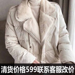 欧洲2022冬季新款镶珍珠水貂毛毛领轻薄羽绒服短款羽绒服女