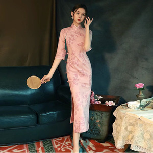 LOGULEYA粉色旗袍女高开衩2023年新款复古中国风七分袖花色连衣裙