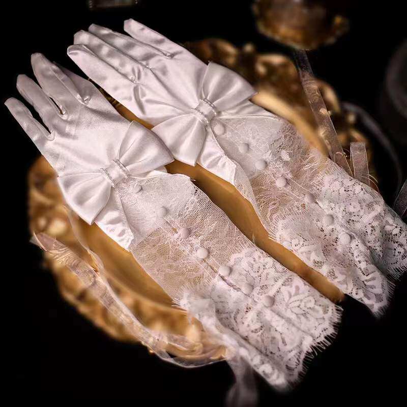 兮木婚品法式优雅复古蝴蝶结蕾丝缎面手套白色新娘白纱配长款新款