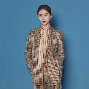 明星刘诗诗同款衣服秋季韩版炸街格子西装套装女西服微喇裤两件套