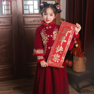 汉服女童冬款加厚红色唐装儿童中国风拜年服女孩喜庆过年新年衣服