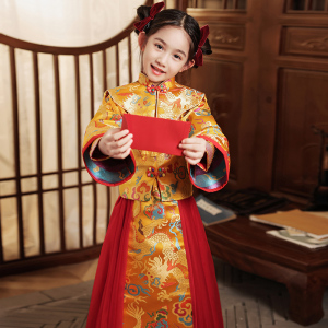 汉服女童秋冬装中国风儿童古装红色喜庆过年衣服小女孩唐装拜年服