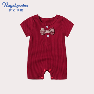 夏季婴儿连体衣短袖宝宝衣服纯棉哈衣韩版薄款红色新生儿生日爬服