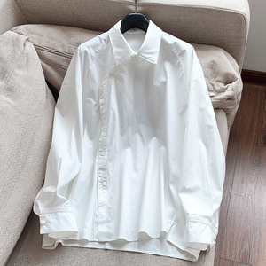 国风纯色白衬衫 宽松版斜门襟设计感短款衬衣白衬衣H06ET6519