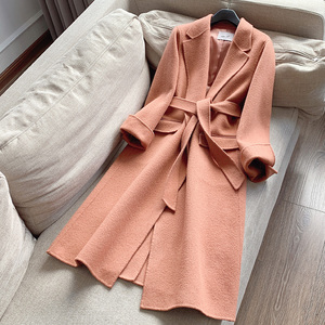 反季秋冬没这价 腰带长款皮粉色双面羊毛大衣h16fdy001