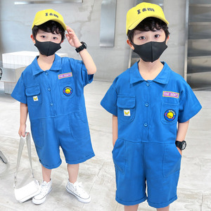 男宝宝牛仔连体裤男小童裤子夏薄款七分裤儿童网红炸街工装裤连身