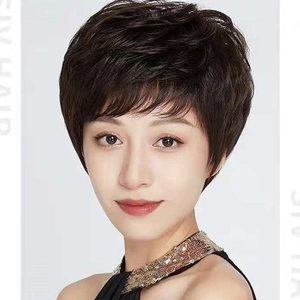 假发女短发送妈妈假发套中老年真人发丝短卷发时尚女士圆脸假头发