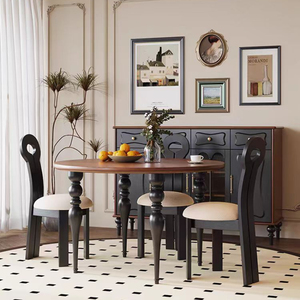 中古风实木复古圆形餐桌美式圆桌饭桌家用小户型圆桌椅组合