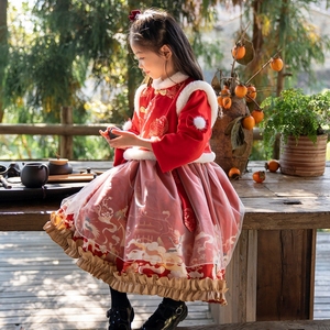 女童汉服冬季加厚套装儿童中国风唐装加棉冬装红色高端古装拜年服