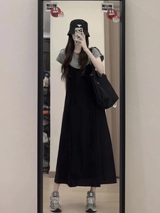 黑色吊带连衣裙套装2024年微胖大码短袖茶歇法式气质赫本风两件套