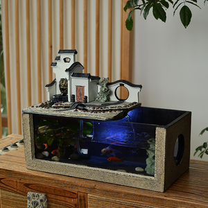 创意小号中式鱼缸艺术流水摆件客厅茶室复古鱼池茶室茶馆装饰摆设