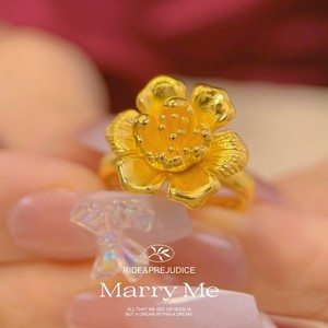 新款牡丹花朵镀金仿真黄金戒指结婚假三金沙金指环可调节不掉色