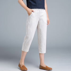 棉麻七分裤女2022夏季薄款高腰亚麻裤子后松紧腰宽松哈伦裤萝卜裤