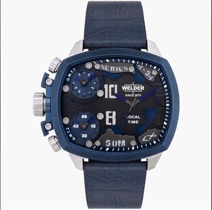 威德welder the bold wrk5406蓝黑钢圈深蓝皮革表带男女手表石英