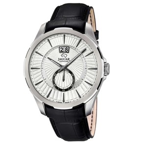 捷豹jaguar j682/1黑皮革不锈钢彩银白低盘石英休闲男士手表腕表