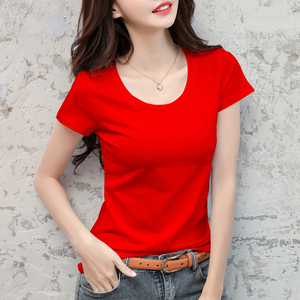 大红色短袖t恤女ins潮纯棉修身半袖2024年新款韩版体桖春夏装上衣