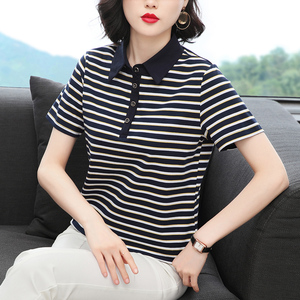 韩国Polo衫时尚条纹短袖t恤女夏季新款中年妈妈休闲显瘦百搭上衣
