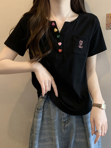 韩国大码女装口袋刺绣正肩短袖t恤打底衫夏季显瘦百搭遮肚子上衣