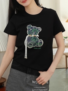 韩国黑色宽松显瘦国风短袖T恤女装2024夏季新款小熊刺绣百搭上衣