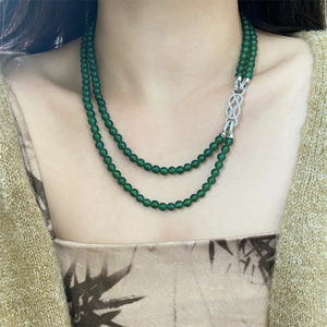 复古新中式天然石项链双层绿玛瑙复古长款毛衣链中国结串珠绿玉髓