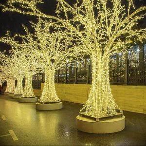 新春场景满天星店面庆祝小彩灯灯串缠树上的装饰连串户外公园亮灯