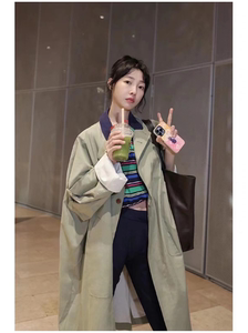 白百合同款韩国小众气质绿豆色立领长款廓形风衣外套定染全棉面料