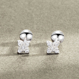 s925银螺丝耳钉女个性拧扣双头防掉花朵耳环超短耳骨钉气质耳饰