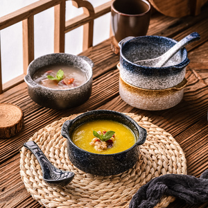 日式复古陶瓷创意双耳家用宝宝早餐酒店燕窝一人份汤碗水蒸蛋炖盅