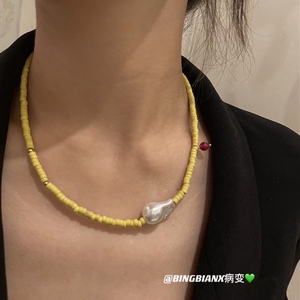 黄绿色不规则珍珠美式复古项链女韩国个性小众气质时尚颈链锁骨链